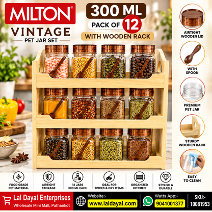 Milton 500 ml Spice Jars, Set of 12 with 3-Tier Wooden Rack & Spoons