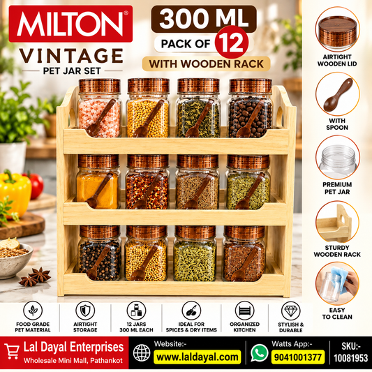 Milton 500 ml Spice Jars, Set of 12 with 3-Tier Wooden Rack & Spoons