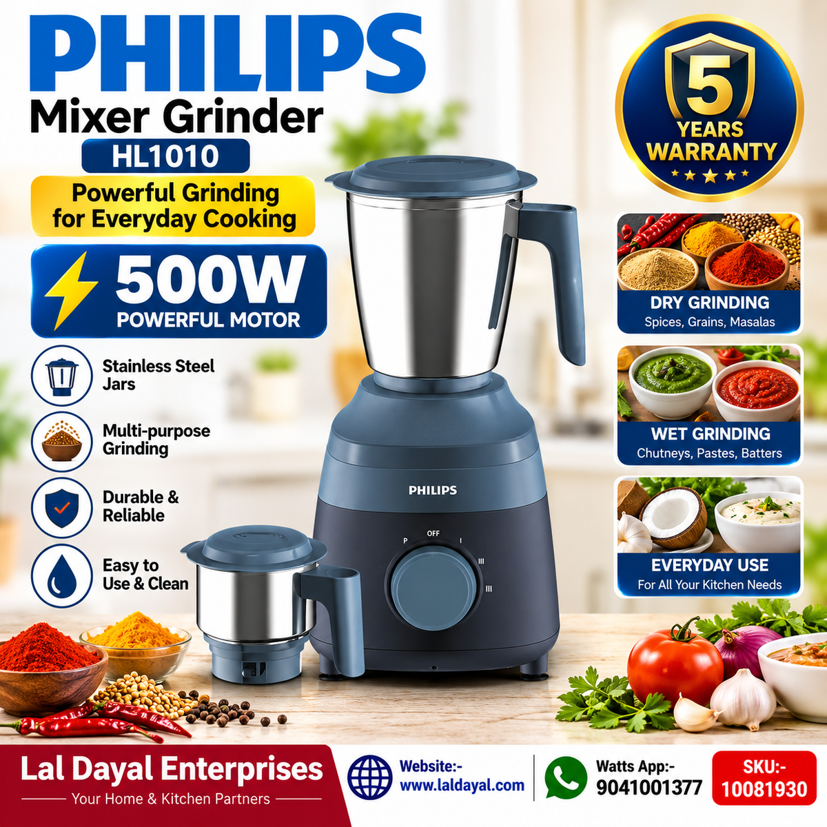 Philips Proton Mixer Grinder 500W (Blue) - 2 Stainless Steel Jars