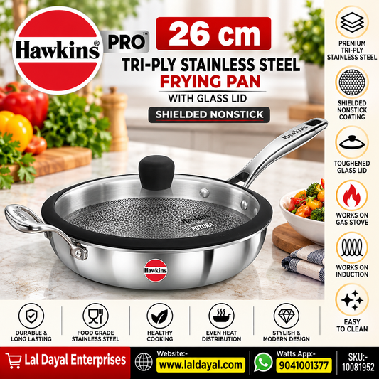 Hawkins Pro 26 cm Tri-Ply Shielded Nonstick Frying Pan with Glass Lid (PSNF26G)