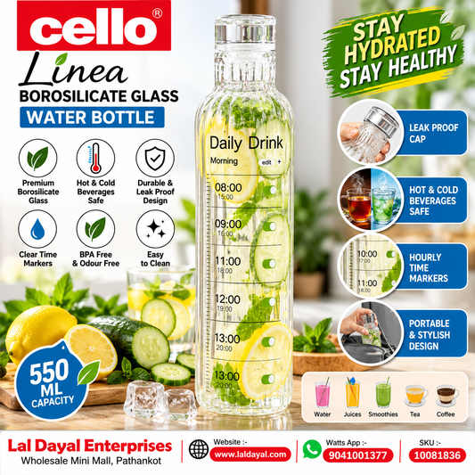 Cello Linea 550 ml Borosilicate Glass Water Bottle with Time Markers