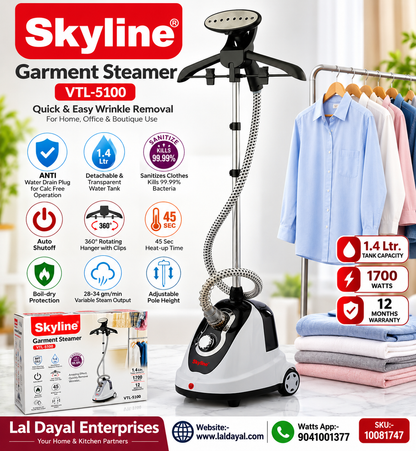 Skyline 1700W Garment Steamer with Adjustable Pole & Hanger (1.4L) | VTL-5100
