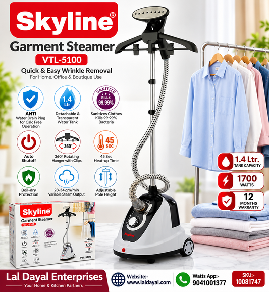 Skyline 1700W Garment Steamer with Adjustable Pole & Hanger (1.4L) | VTL-5100
