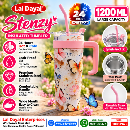 Lal Dayal Stenzy 1200ml Floral Butterfly Tumbler with Straw & Handle