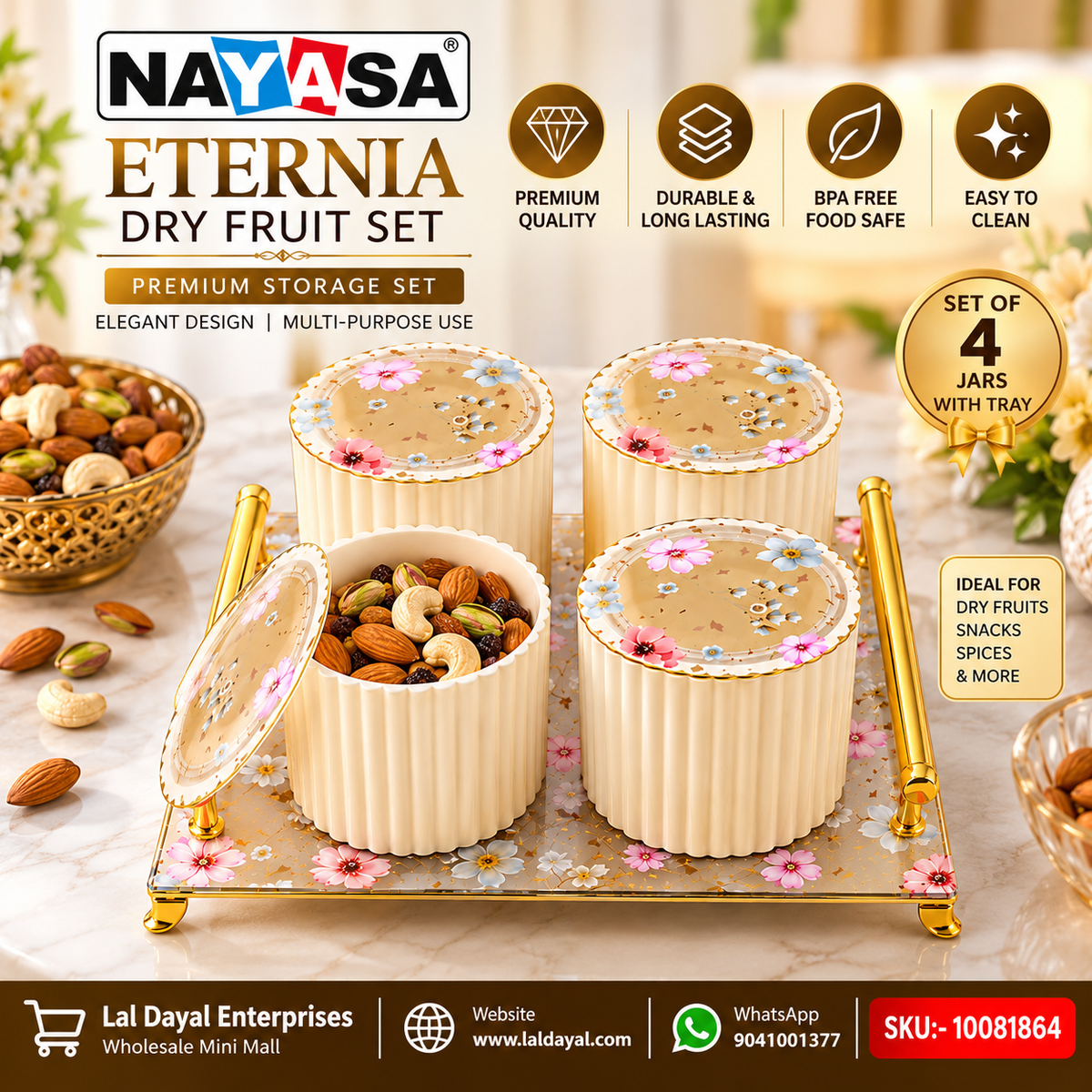 Nayasa Eternia 4-Jar Dry Fruit Serving Set with Tray