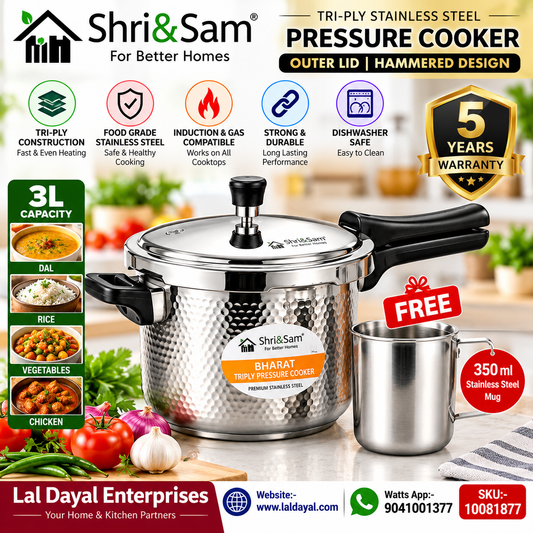 Shri & Sam Tri-Ply Stainless Steel 3L Outer Lid Hammered Pressure Cooker