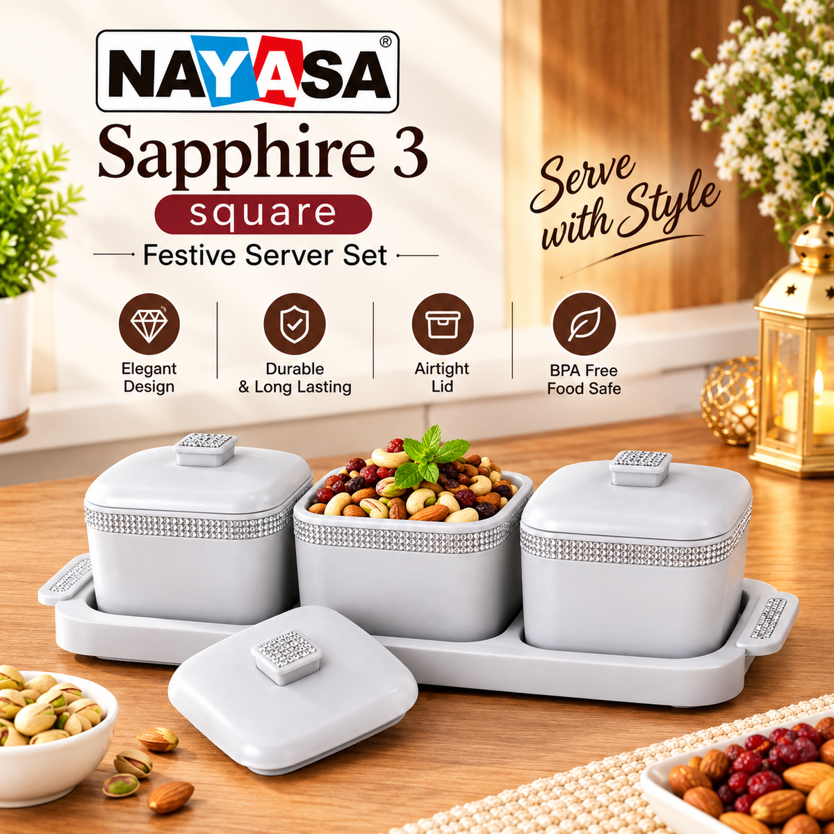 Nayasa Sapphire Square Serving Set with 3 Lidded Containers & Tray