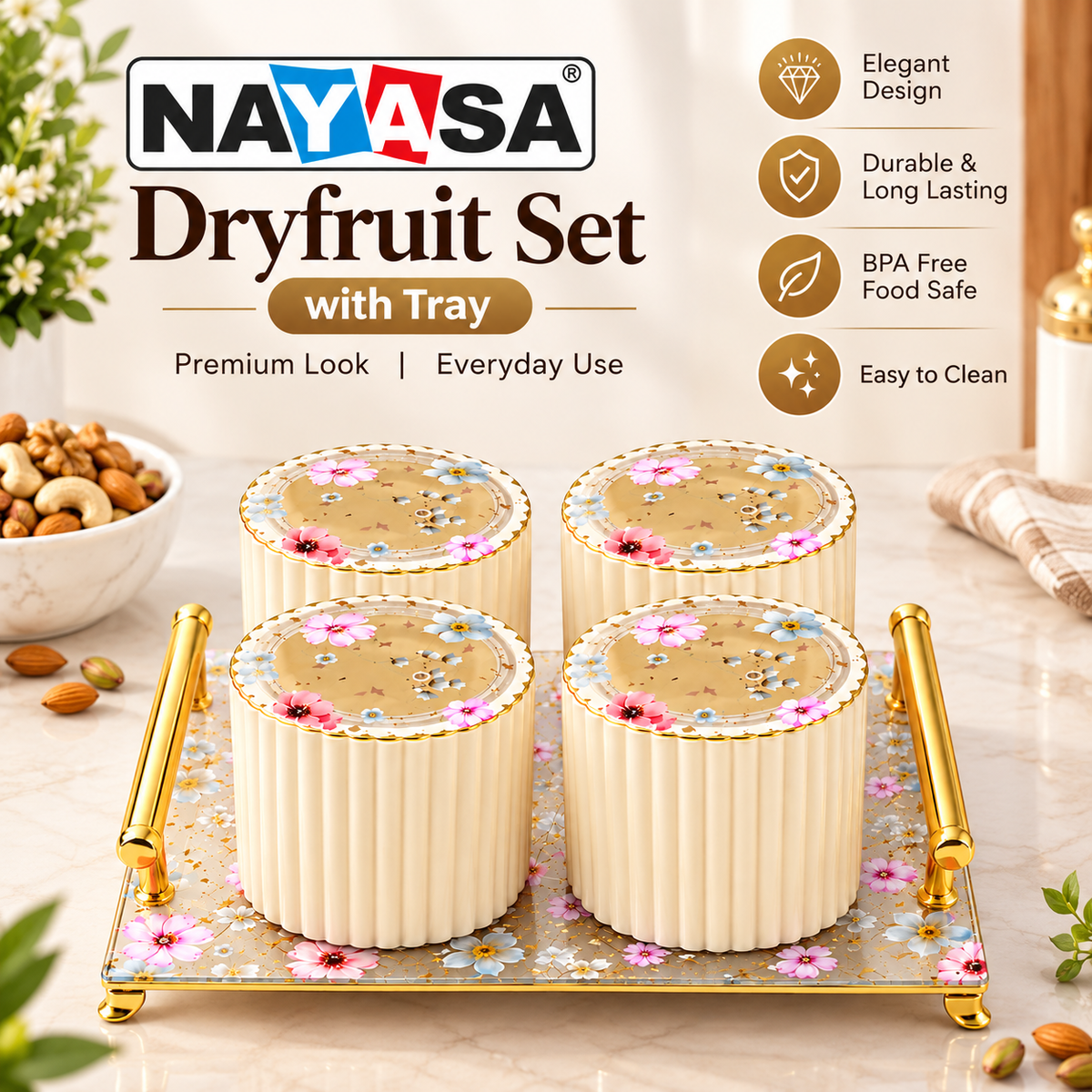 Nayasa Eternia 4-Jar Dry Fruit Serving Set with Tray