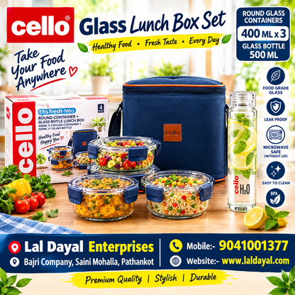 Cello Fit&Fresh Neo Glass Lunch Box Set – 3 Round Containers (400ml each) + H2O Bottle (500ml) with Insulated Bag