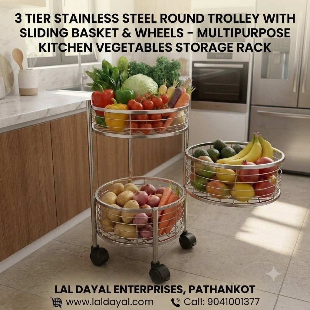 3 Tier Stainless Steel Round Kitchen Trolley with Rotating Baskets & Wheels | Multipurpose Fruit & Vegetable Storage Rack