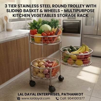 3 Tier Stainless Steel Round Kitchen Trolley with Rotating Baskets & Wheels | Multipurpose Fruit & Vegetable Storage Rack