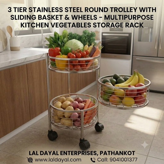 3 Tier Stainless Steel Round Kitchen Trolley with Rotating Baskets & Wheels | Multipurpose Fruit & Vegetable Storage Rack