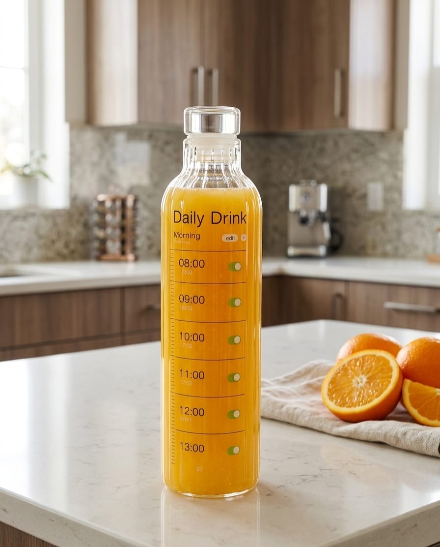 Premium Ribbed Glass Water Bottle with Hourly Time Markers | Clear Motivational Daily Drink Tracker