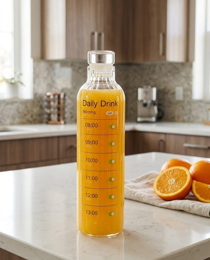 Premium Ribbed Glass Water Bottle with Hourly Time Markers | Clear Motivational Daily Drink Tracker