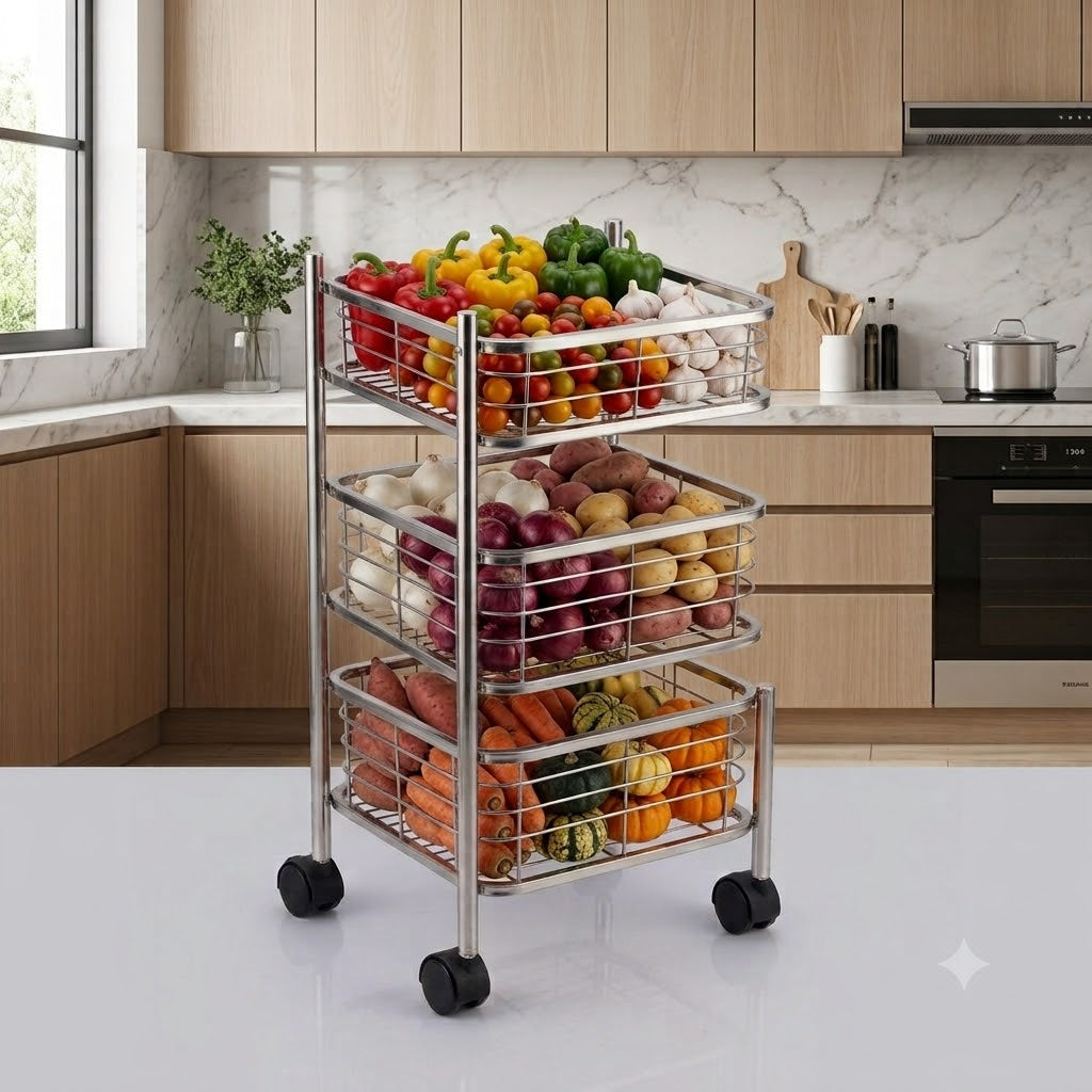 3 Tier Stainless Steel Square Trolley with Sliding Baskets & Wheels | Multipurpose Kitchen Vegetable Storage Rack | Space-Saving Utility Organizer