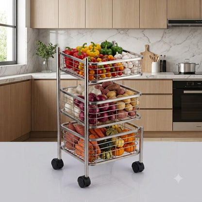 3 Tier Stainless Steel Square Trolley with Sliding Baskets & Wheels | Multipurpose Kitchen Vegetable Storage Rack | Space-Saving Utility Organizer