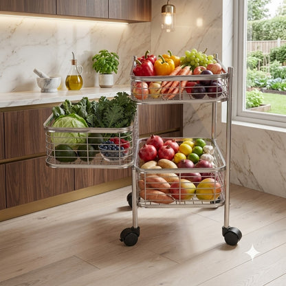 3 Tier Stainless Steel Square Trolley with Sliding Baskets & Wheels | Multipurpose Kitchen Vegetable Storage Rack | Space-Saving Utility Organizer