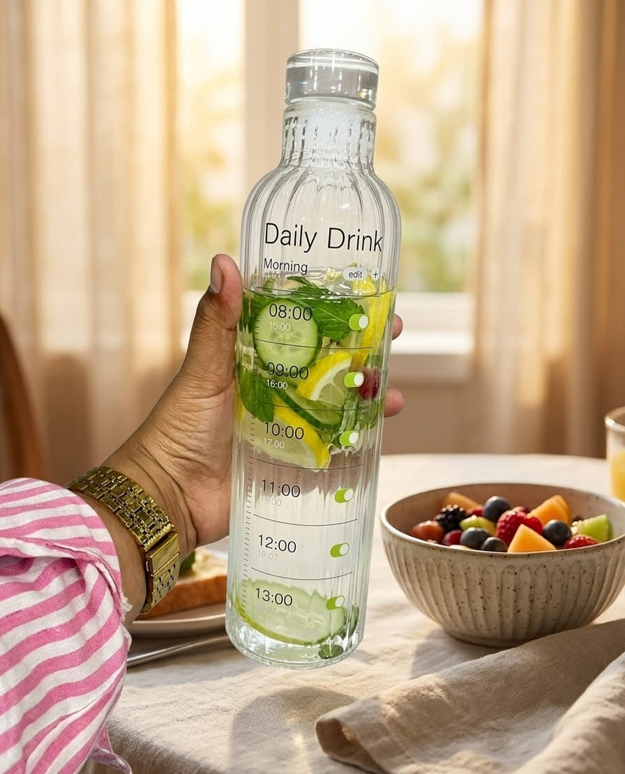 Premium Ribbed Glass Water Bottle with Hourly Time Markers | Clear Motivational Daily Drink Tracker