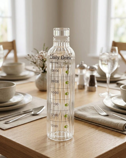 Premium Ribbed Glass Water Bottle with Hourly Time Markers | Clear Motivational Daily Drink Tracker