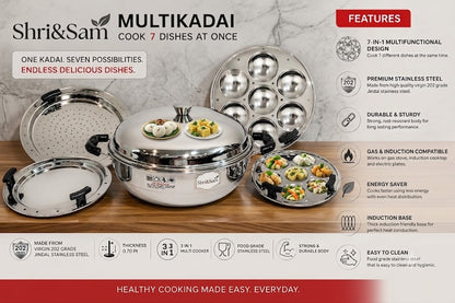 Shri & Sam Premium Stainless Steel Tri-Ply Multikadhai | 7-in-1 Multi-Purpose Cooker & Steamer Set with 5 Plates (Idli, Dhokla, Momo, Appam & Patra) | Gas & Induction Friendly (26 cm)