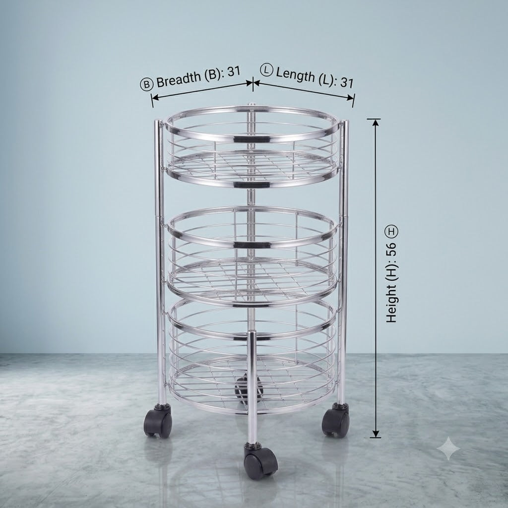 3 Tier Stainless Steel Round Kitchen Trolley with Rotating Baskets & Wheels | Multipurpose Fruit & Vegetable Storage Rack