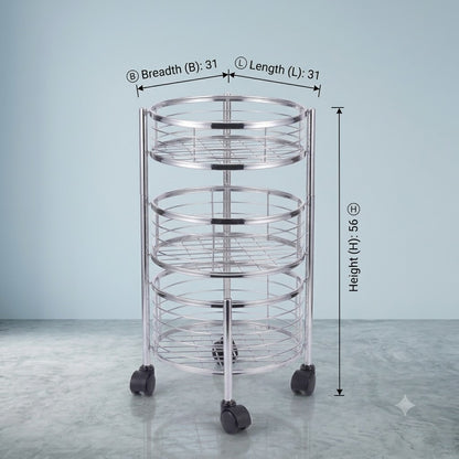 3 Tier Stainless Steel Round Kitchen Trolley with Rotating Baskets & Wheels | Multipurpose Fruit & Vegetable Storage Rack