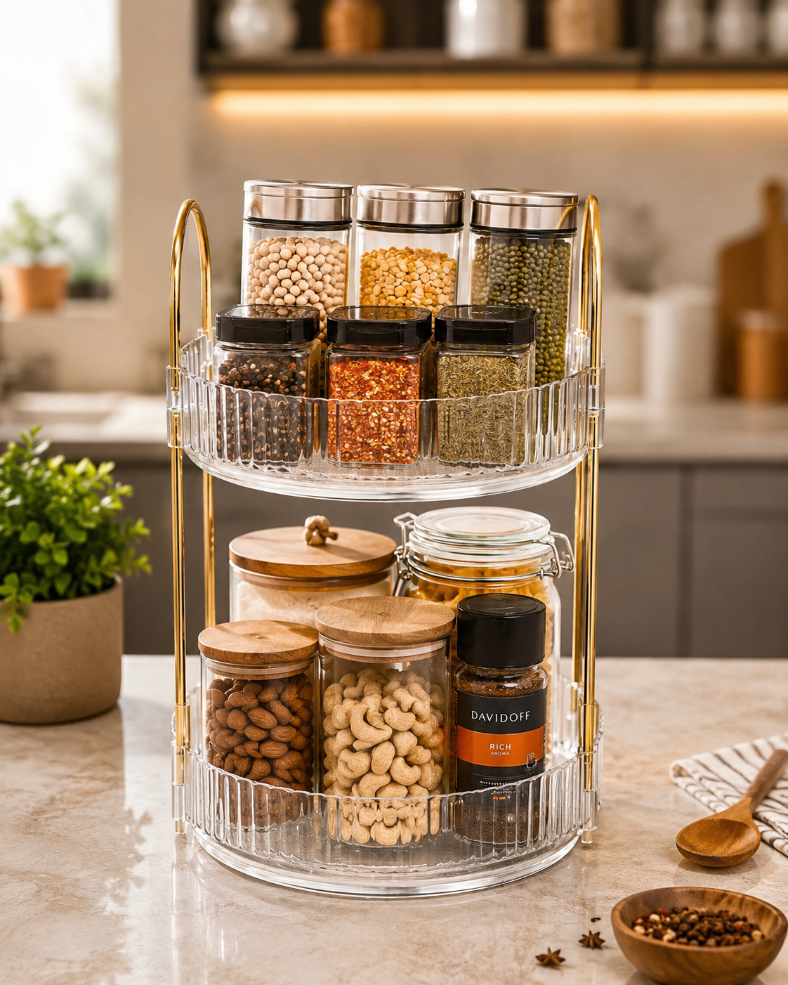 Acralic 2-Tier Revolving Kitchen & Makeup Organizer - Clear Acrylic Lazy Susan with Gold Finish Handles, Round Spinning Spice Rack, Perfume & Skincare Display