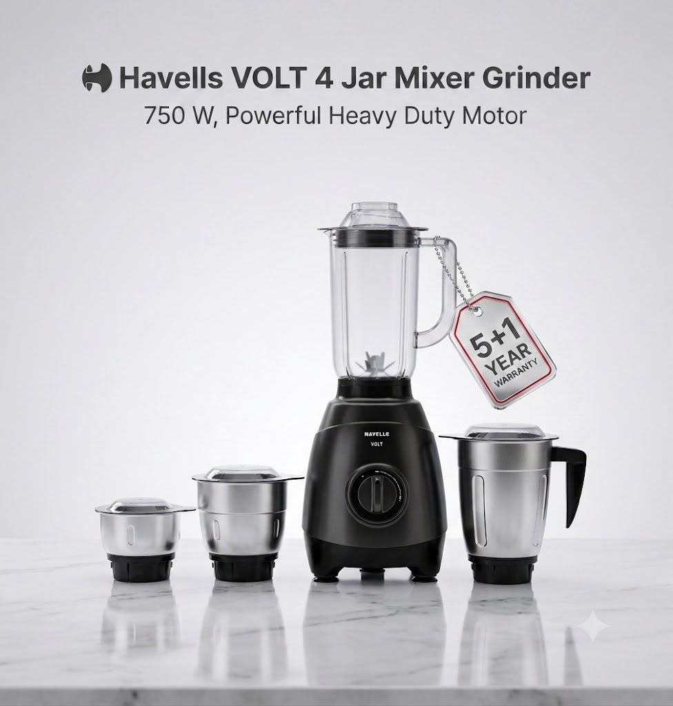 Havells Volt 750W Mixer Grinder with 4 Jars | Powerful Heavy-Duty Motor (Black)
