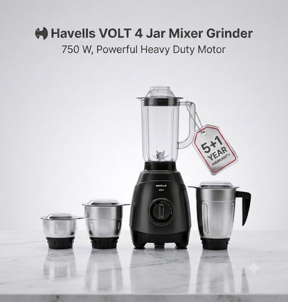 Havells Volt 750W Mixer Grinder with 4 Jars | Powerful Heavy-Duty Motor (Black)