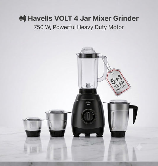 Havells Volt 750W Mixer Grinder with 4 Jars | Powerful Heavy-Duty Motor (Black)