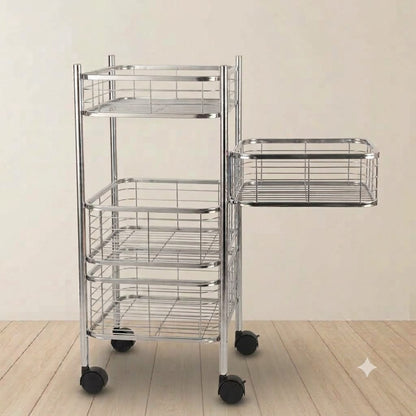 4 Tier Stainless Steel Kitchen Trolley with Sliding Baskets & Wheels | Multipurpose Vegetable & Storage Rack