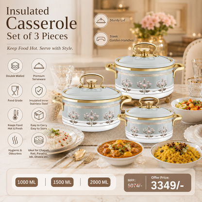 Rachel Premium 3-Piece Insulated Casserole Set (1000ml, 1500ml, 2000ml) – Double Walled Stainless Steel Hot Pot for Roti & Curries