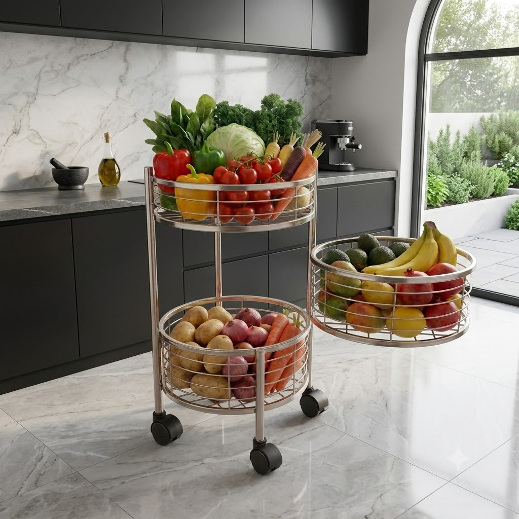3 Tier Stainless Steel Round Kitchen Trolley with Rotating Baskets & Wheels | Multipurpose Fruit & Vegetable Storage Rack