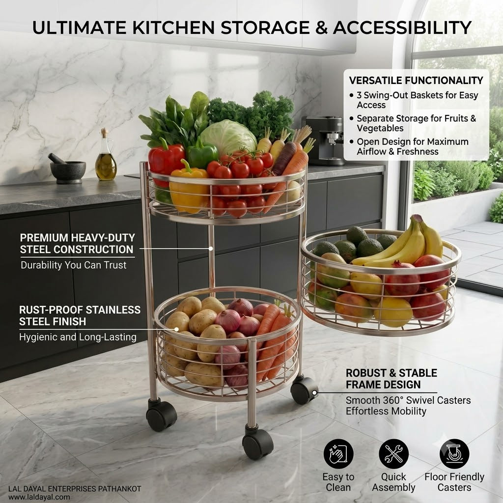 3 Tier Stainless Steel Round Kitchen Trolley with Rotating Baskets & Wheels | Multipurpose Fruit & Vegetable Storage Rack