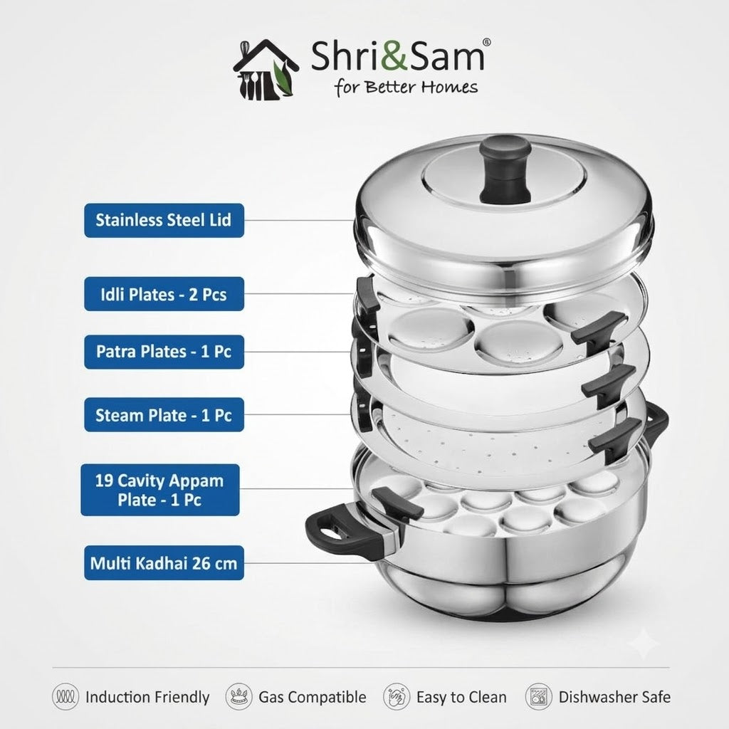 Shri & Sam Premium Stainless Steel Tri-Ply Multikadhai | 7-in-1 Multi-Purpose Cooker & Steamer Set with 5 Plates (Idli, Dhokla, Momo, Appam & Patra) | Gas & Induction Friendly (26 cm)