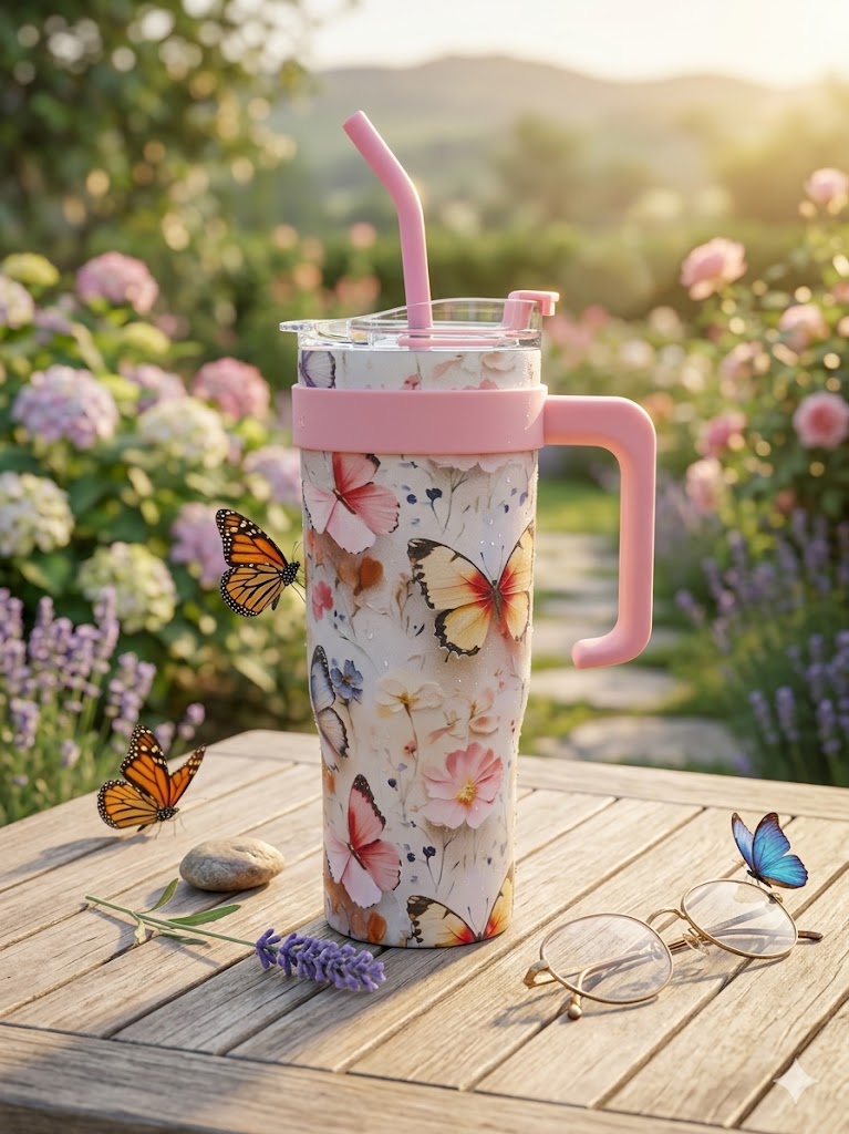 1200ml Floral Butterfly Stainless Steel Sipper Tumbler with Handle | Premium Insulated Travel Mug with Straw & Silicone Cap