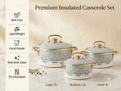 Rachel Premium 3-Piece Insulated Casserole Set (1000ml, 1500ml, 2000ml) – Double Walled Stainless Steel Hot Pot for Roti & Curries