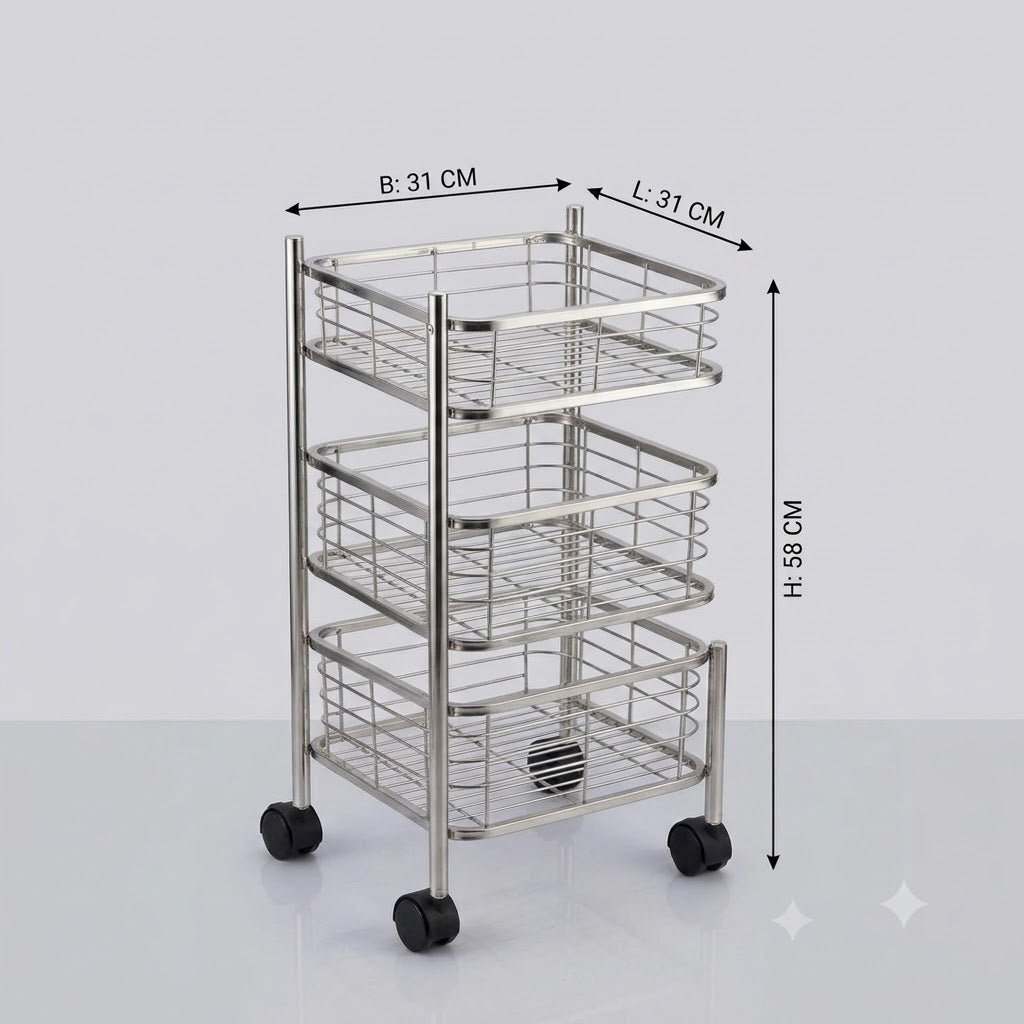 3 Tier Stainless Steel Square Trolley with Sliding Baskets & Wheels | Multipurpose Kitchen Vegetable Storage Rack | Space-Saving Utility Organizer