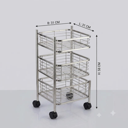 3 Tier Stainless Steel Square Trolley with Sliding Baskets & Wheels | Multipurpose Kitchen Vegetable Storage Rack | Space-Saving Utility Organizer