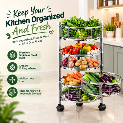 4 Tier Stainless Steel Round Kitchen Trolley with Sliding Baskets & Wheels