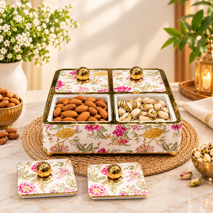 Rishabh Velar Flora Decorative 4-Section Multipurpose Serveware Tray with Lid