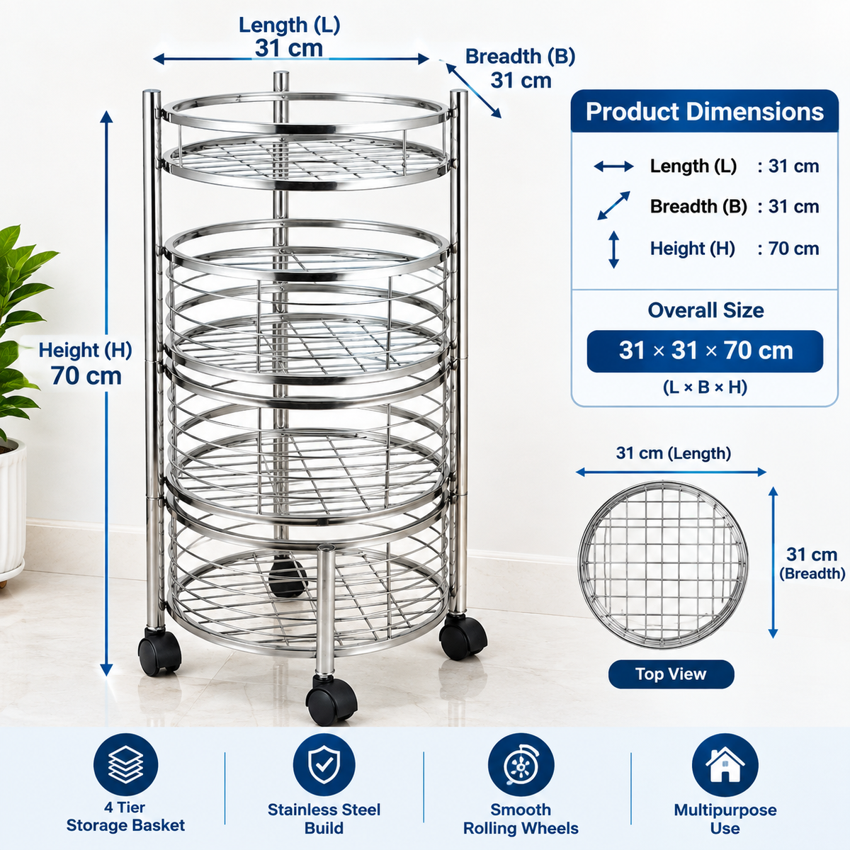 4 Tier Stainless Steel Round Kitchen Trolley with Sliding Baskets & Wheels