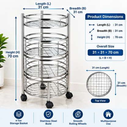 4 Tier Stainless Steel Round Kitchen Trolley with Sliding Baskets & Wheels