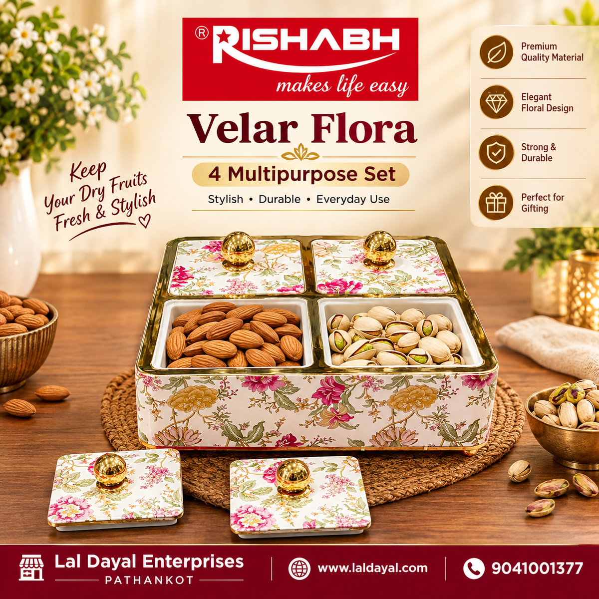 Rishabh Velar Flora Decorative 4-Section Multipurpose Serveware Tray with Lid