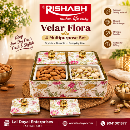 Rishabh Velar Flora Decorative 4-Section Multipurpose Serveware Tray with Lid