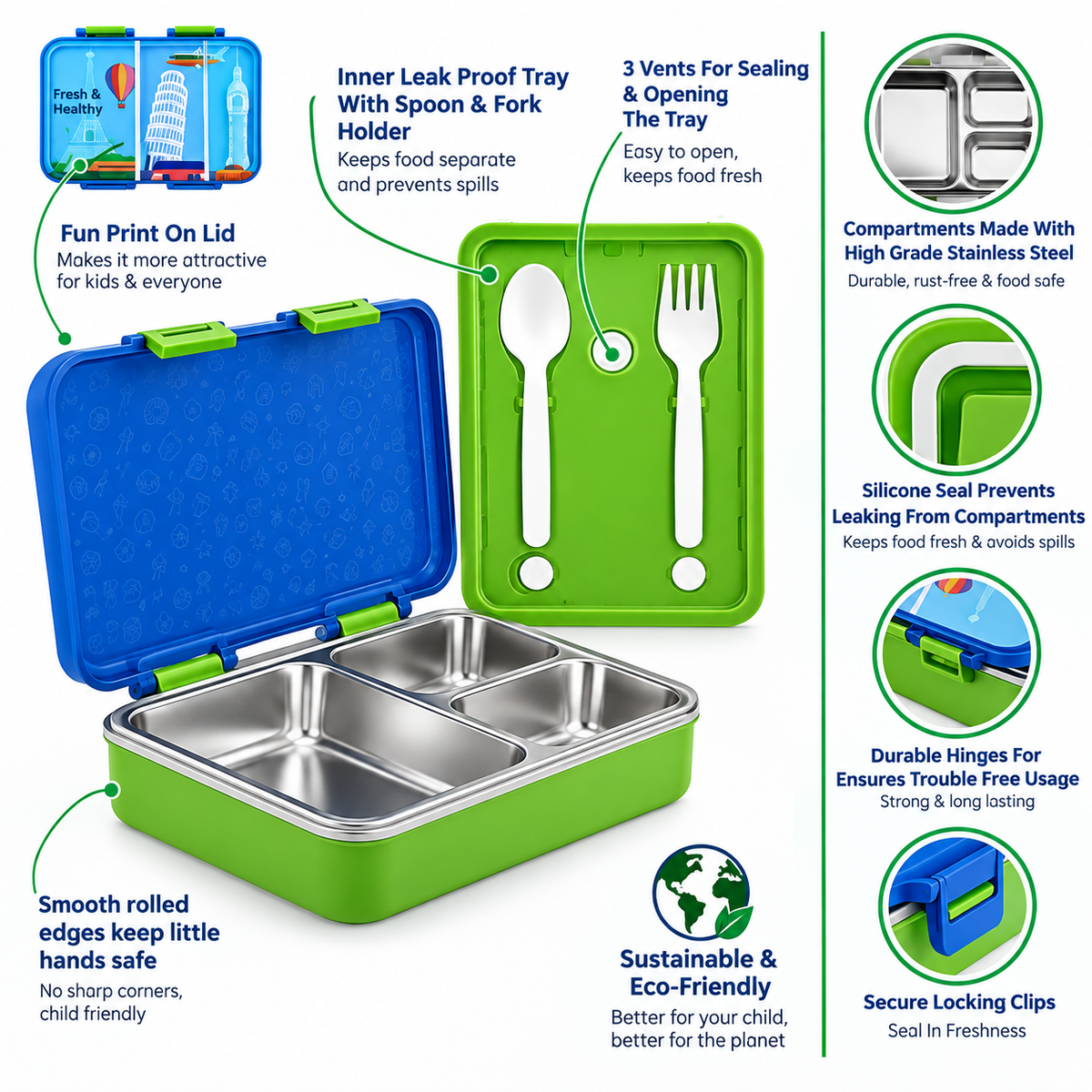 Nayasa Vitamax Insulated Stainless Steel Lunch Box | Leakproof 3-Compartment Tiffin with Cutlery (750ml)