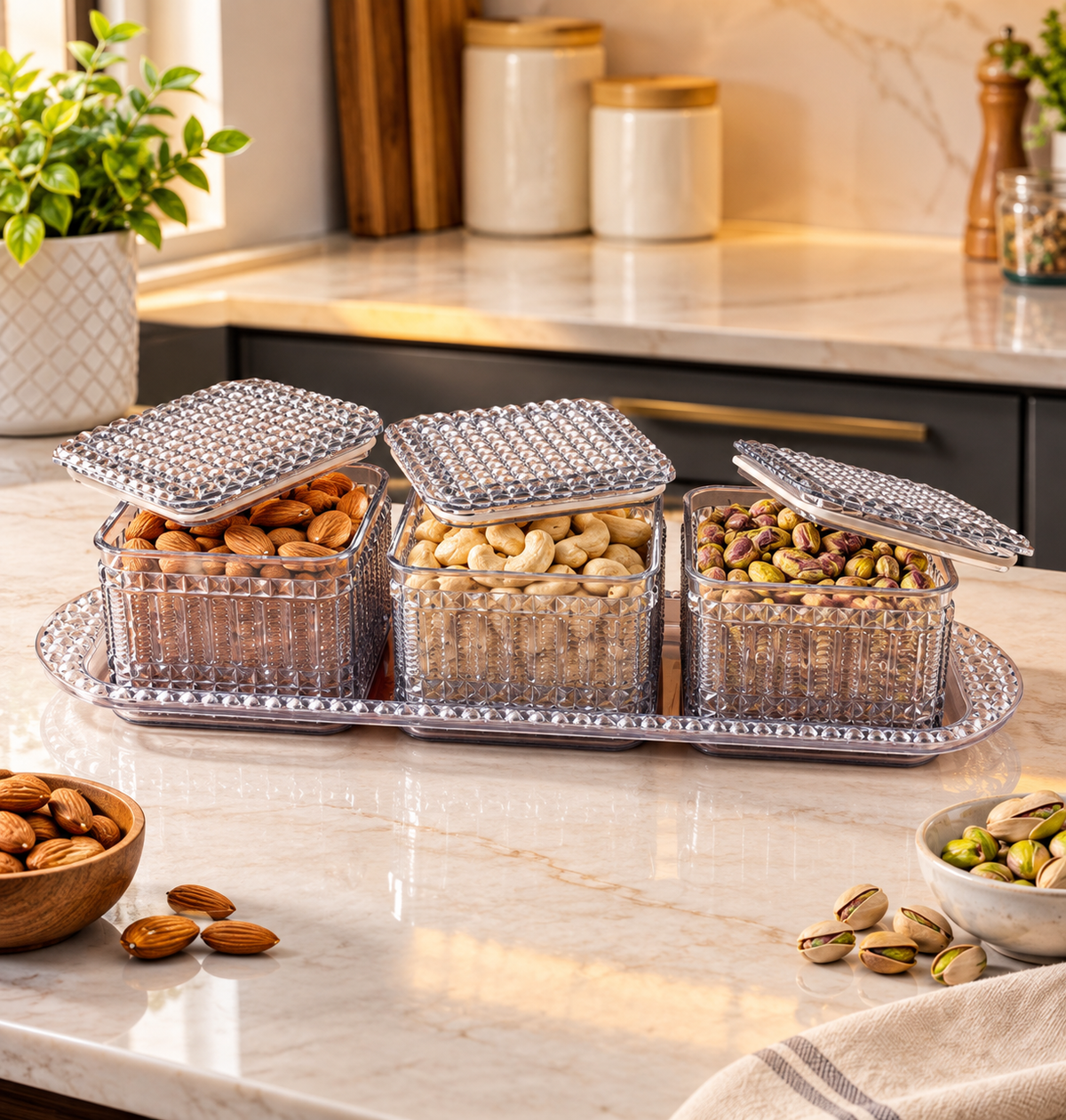Nayasa Emerald Serving Set with 3 Containers & 1 Tray