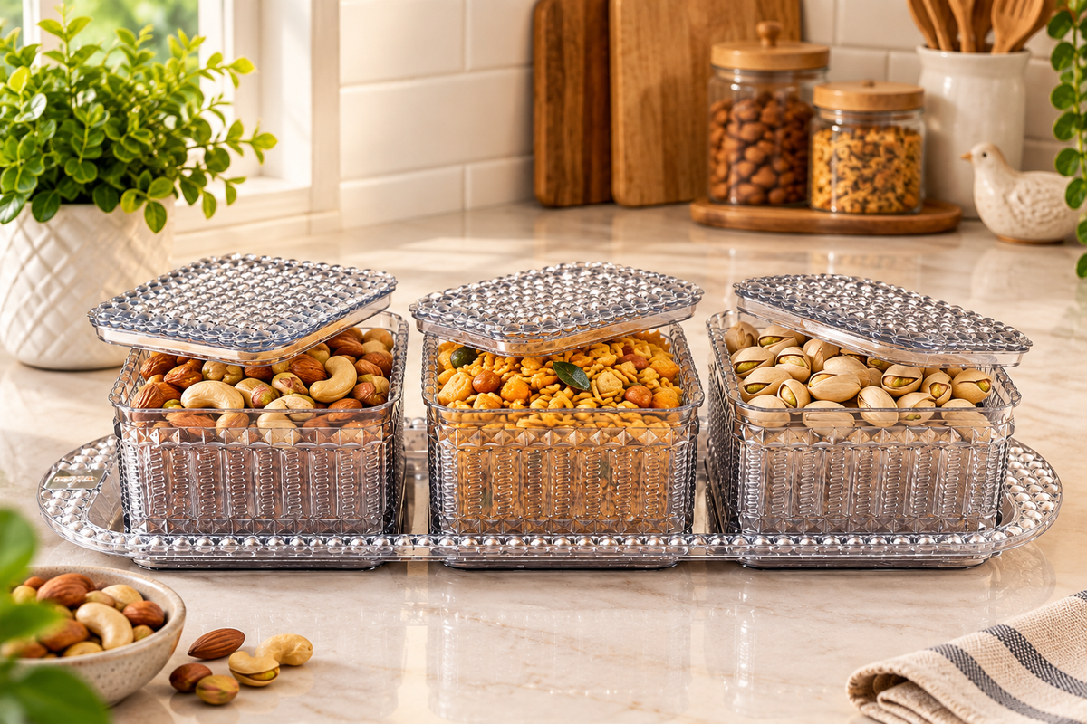 Nayasa Emerald Serving Set with 3 Containers & 1 Tray