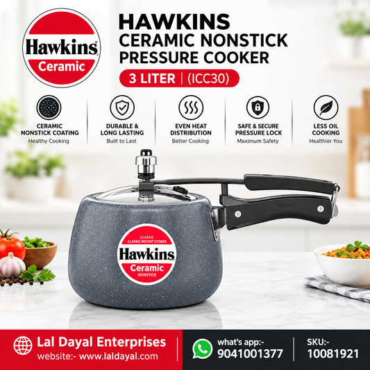 Hawkins Ceramic Nonstick Pressure Cooker, 3 Litre (ICC30) | Gas & Induction Compatible
