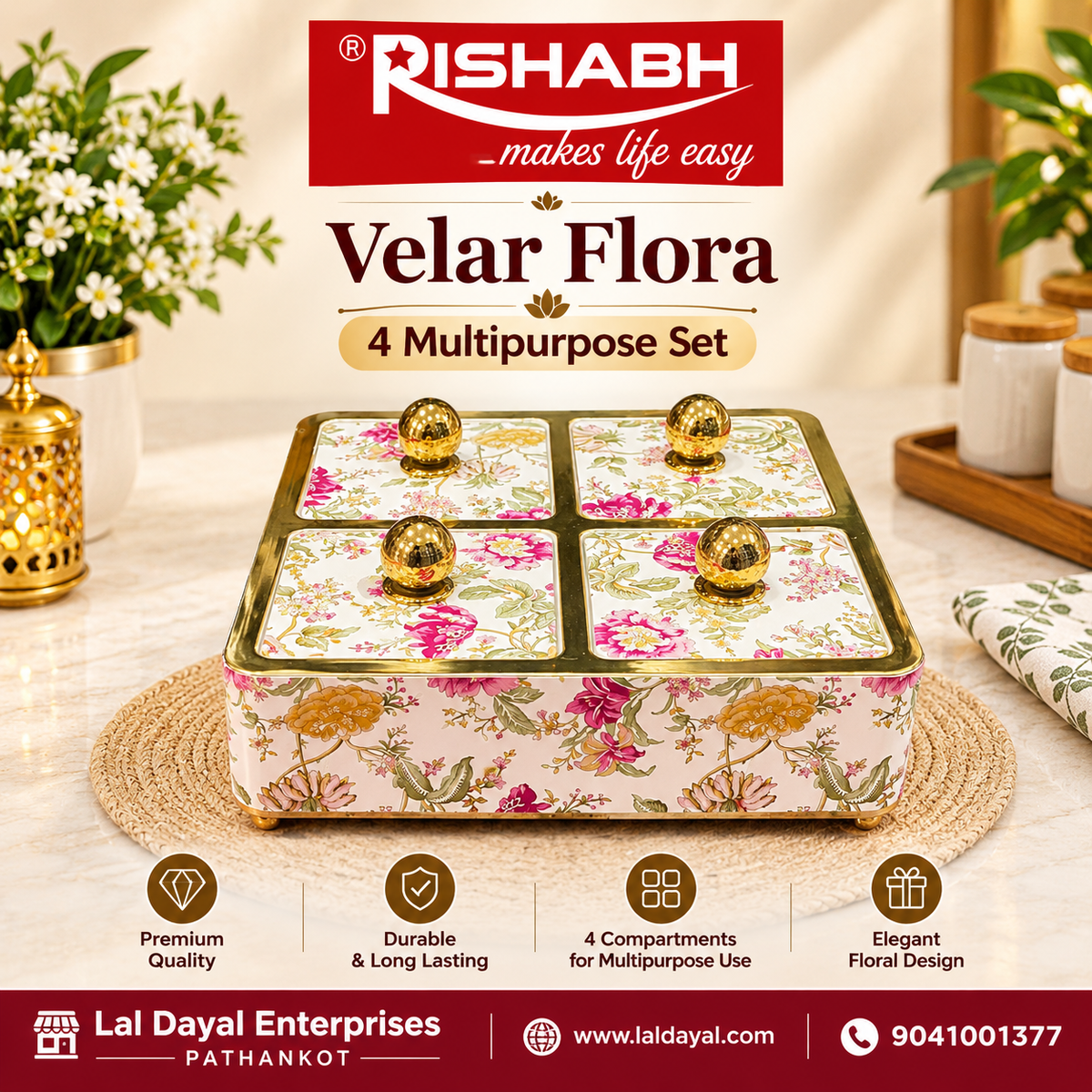 Rishabh Velar Flora Decorative 4-Section Multipurpose Serveware Tray with Lid
